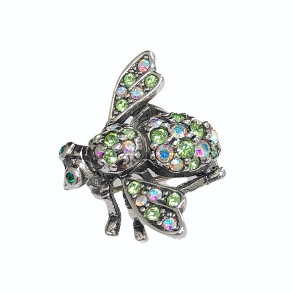JOAN RIVERS CLEAR AURORA BOREALIS & GREEN CRYSTALS SILVER TONE BUMBLEBEE BROOCH - Picture 12 of 16